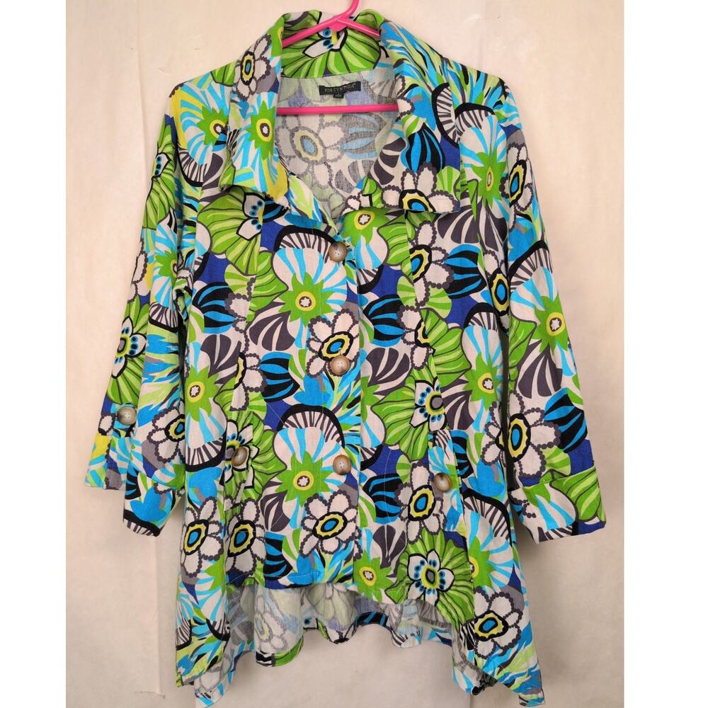 For Cynthia linen floral shirt jacket Size Large Artsy Lagenlook Boho Garden